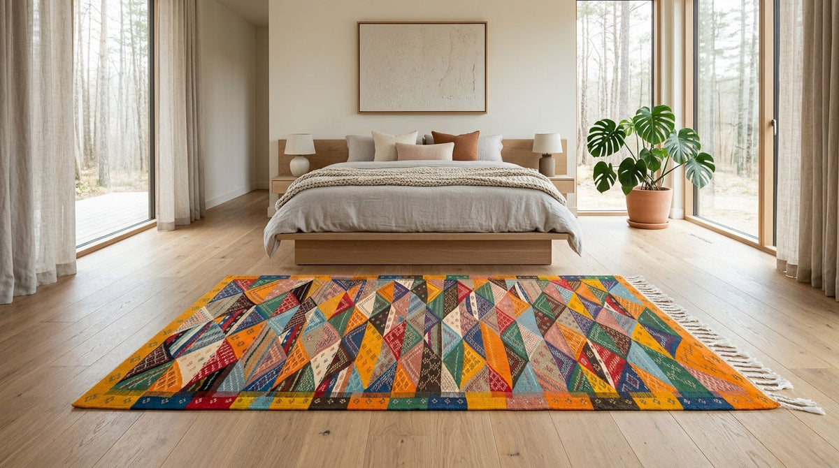 A colorful geometric patchwork area rug from morocco with fringe, styled in a bright, modern bedroom with light wood floors, a wooden bed, and large windows.