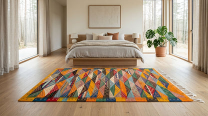A colorful geometric patchwork area rug from morocco with fringe, styled in a bright, modern bedroom with light wood floors, a wooden bed, and large windows.