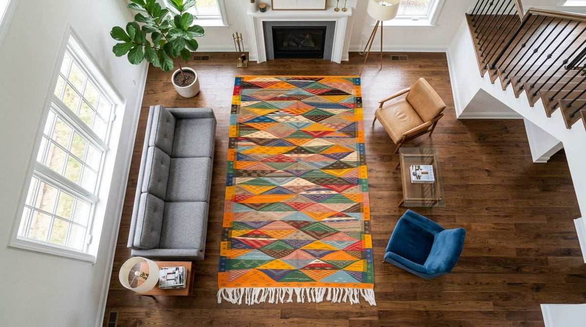 A colorful geometric Taznakht moroccan rug with white fringe is displayed in a modern living room setting with hardwood floors, a gray sofa, a blue accent chair, and a staircase.