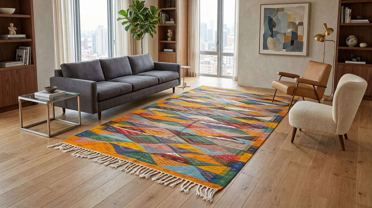 A large rectangular area moroccan rug with a colorful geometric pattern and white fringe, styled in a modern living room with a gray sofa, wooden floor, and mid-century modern chair.