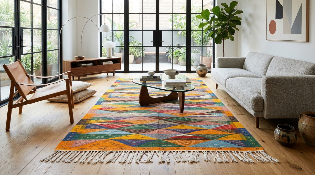 A colorful geometric moroccan area rug with cream fringe, styled in a modern living room with a gray sofa, wooden chair, and glass coffee table.