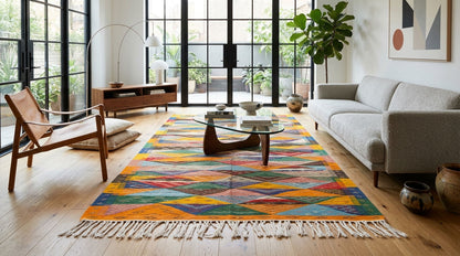 A colorful geometric moroccan area rug with cream fringe, styled in a modern living room with a gray sofa, wooden chair, and glass coffee table.