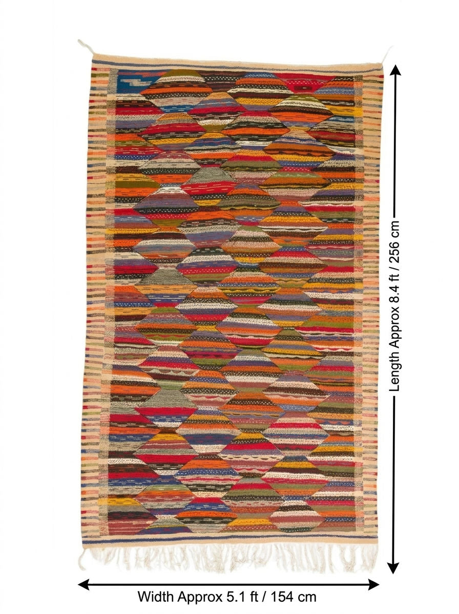Moroccan Berber Wool Rug – Handwoven Reversible Taznakht Kilim, 256 x 154 cm / 8.4 x 5.1 ft