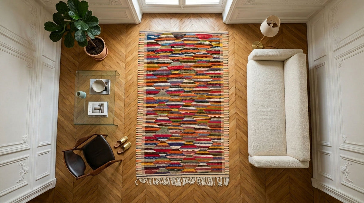 Moroccan Berber Wool Rug – Handwoven Reversible Taznakht Kilim, 256 x 154 cm / 8.4 x 5.1 ft