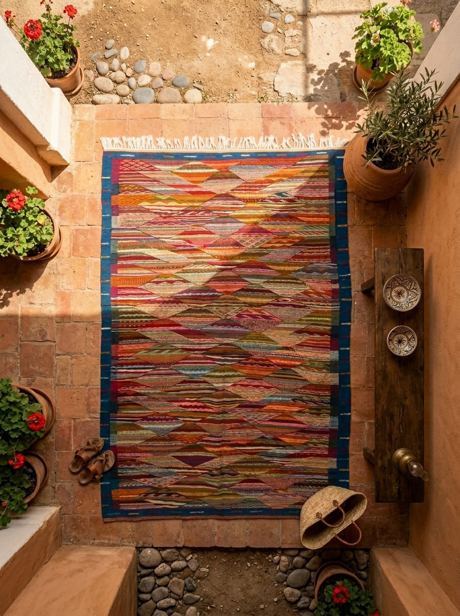 Moroccan Berber Wool Rug – Handwoven Reversible Taznakht Kilim, 251 x 162 cm / 8.2 x 5.3 ft