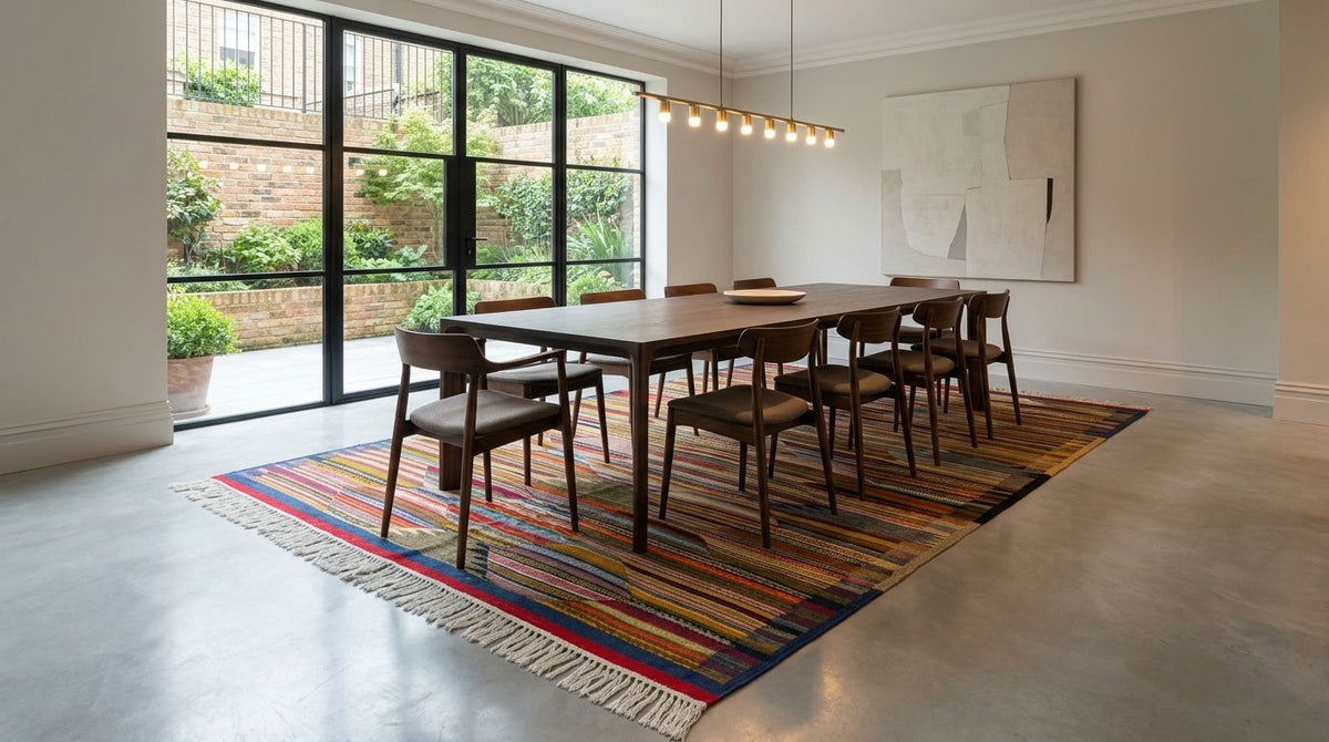 A modern dining room featuring a rectangular wooden dining table and six matching chairs placed on a colorful striped moroccan area rug. Large black-framed windows look out onto a garden patio, and the room has light gray walls and polished concrete floors.