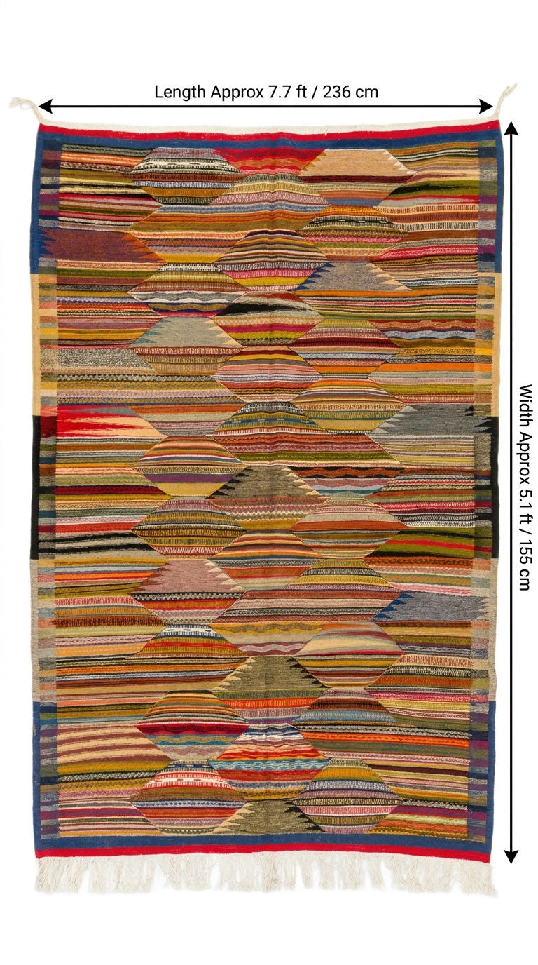 A flat-lay view of a rectangular handwoven moroccan rug with dimension arrows and text indicating a length of approximately 7.7 ft (236 cm) and a width of approximately 5.