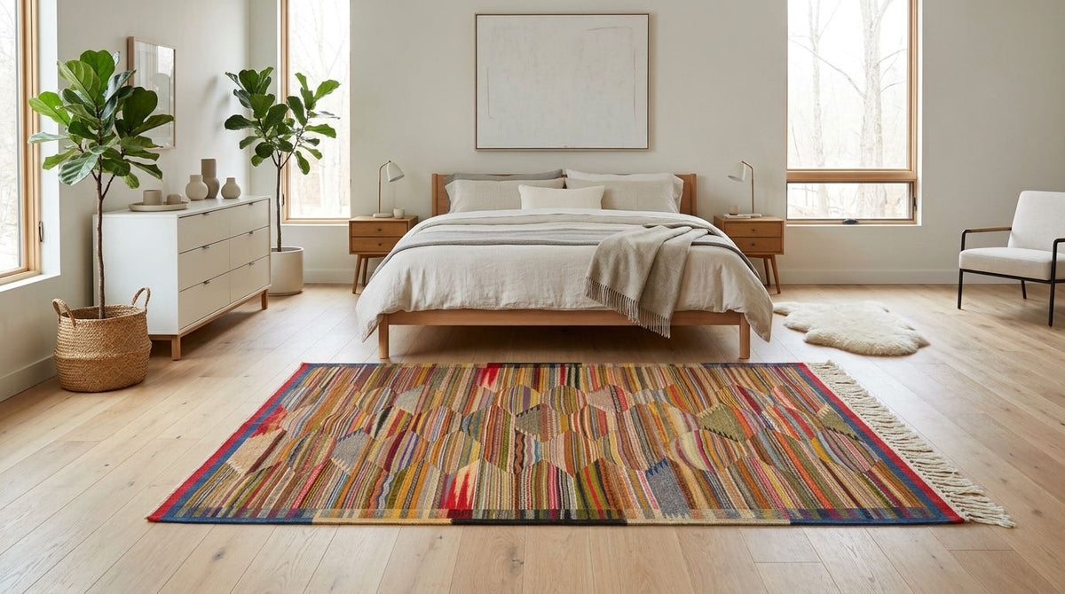 A colorful striped moroccan rug with fringe is styled in a bright, modern bedroom with light wood floors, a wooden bed, and white walls.