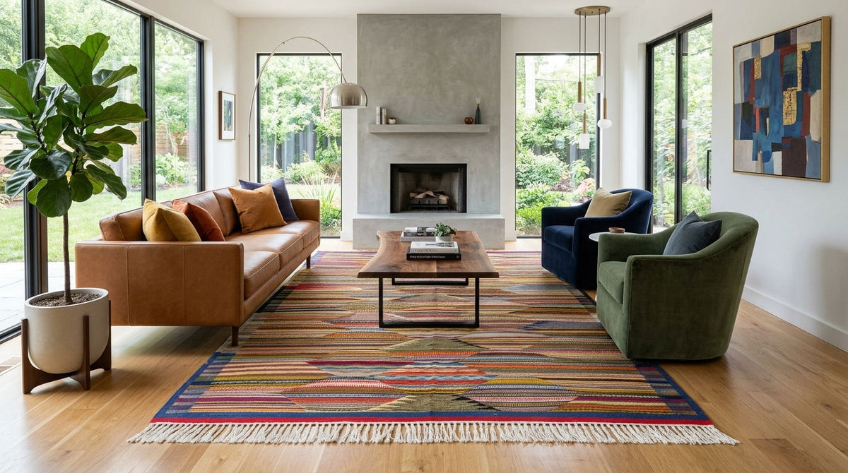 A large rectangular moroccan area rug with a colorful geometric tribal pattern and fringe, styled in a bright modern living room with a brown leather sofa, green armchair, and wood floors.