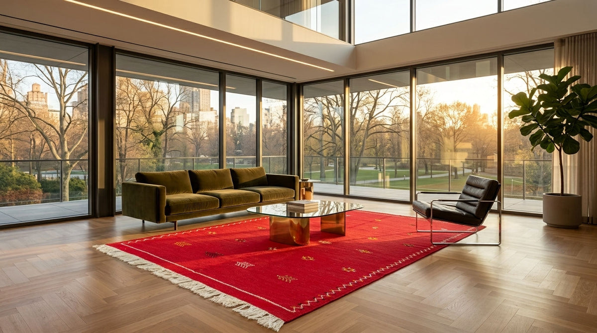 A modern living room with large floor-to-ceiling windows, a red patterned moroccan area rug, an olive green sofa, a black leather chair, and a glass coffee table. The room is lit by warm natural light from the windows, showing trees outside.