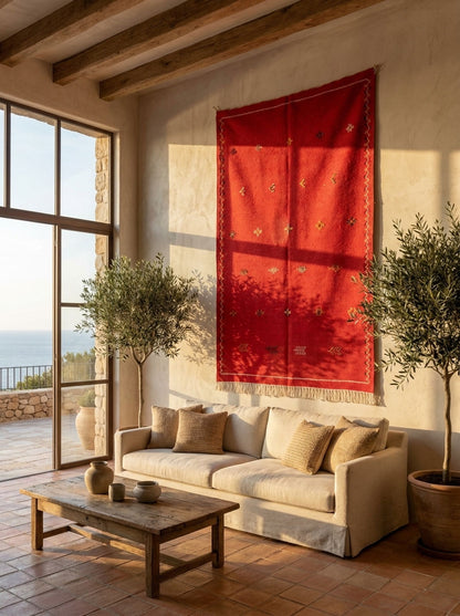 A large red moroccan wall tapestry rug  with hand embroidered motifs hangs on a stucco wall in a sunlit Mediterranean-style living room with a beige sofa, wooden coffee table, and potted olive trees.