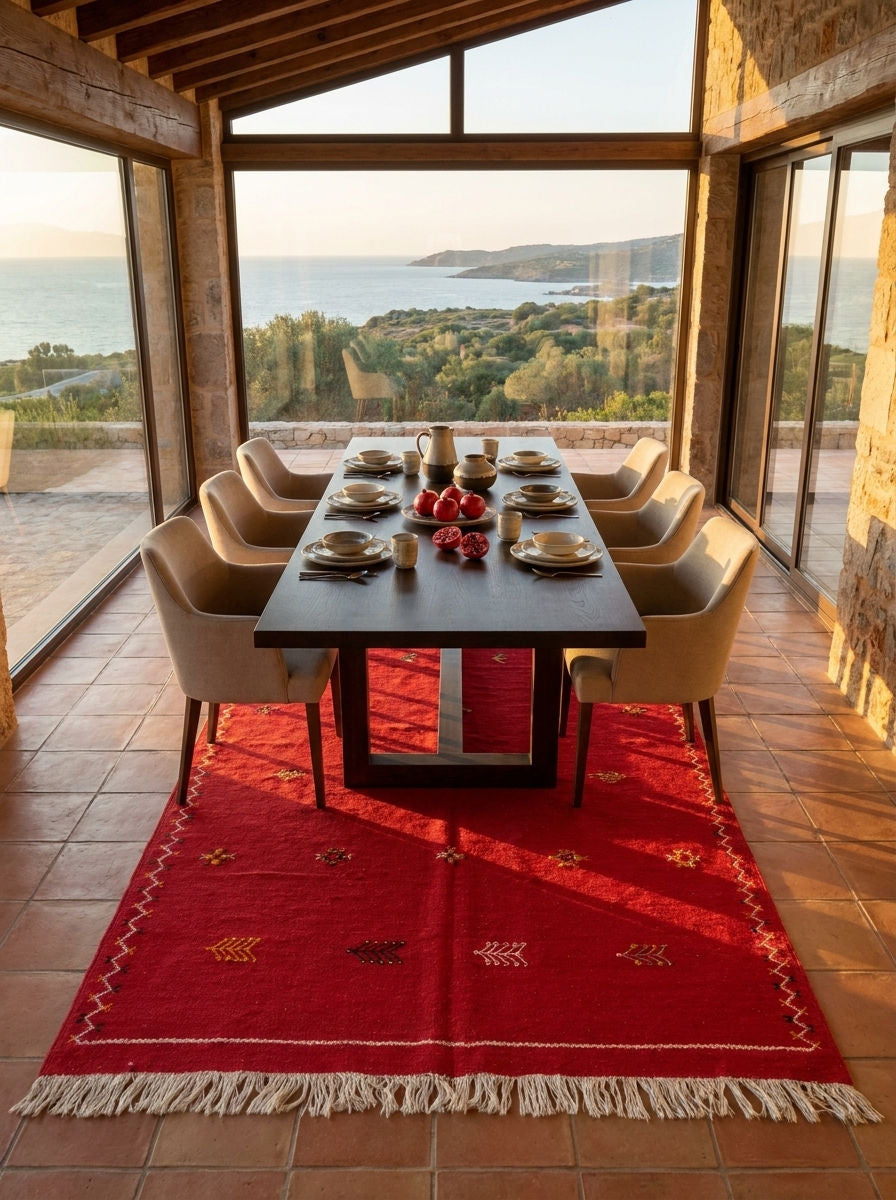 A large red moroccan area rug with white fringe is styled under a dining table and six chairs in a sunlit room with a scenic ocean view outside.