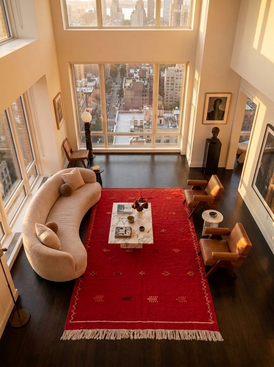 A high-angle view of a modern living room featuring a large red handwoven moroccan area rug with white fringe, a curved beige sofa, and dark wood floors.