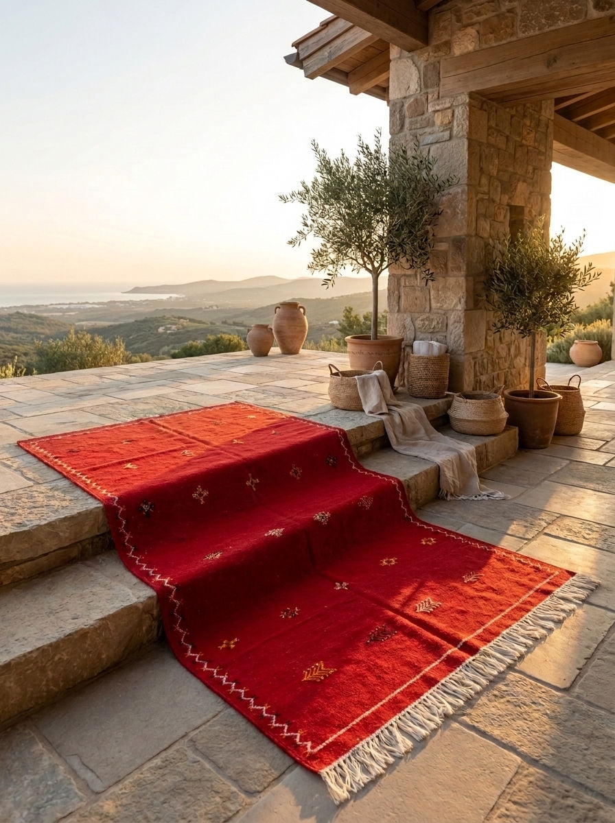 A red handwoven moroccan runner rug with white fringe and hand embroidered motifs is draped over stone steps on a sunlit terrace with a scenic landscape in the background.