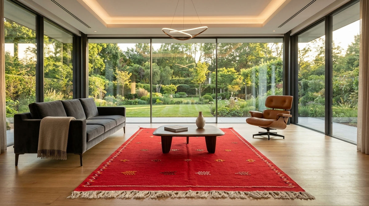 A modern living room with a large red moroccan area rug with hand embroidered motifs, a dark gray sofa, a brown leather lounge chair, and a low wooden coffee table, all arranged on light wood floors in front of floor-to-ceiling windows overlooking a lush green garden.