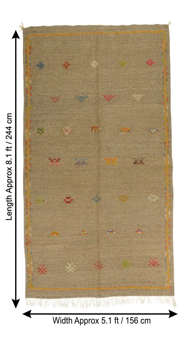 A rectangular handwoven berber rug shown flat against a white background with black dimension arrows and text indicating a length of approximately 8.1 ft (244 cm) and a width of approximately 5.