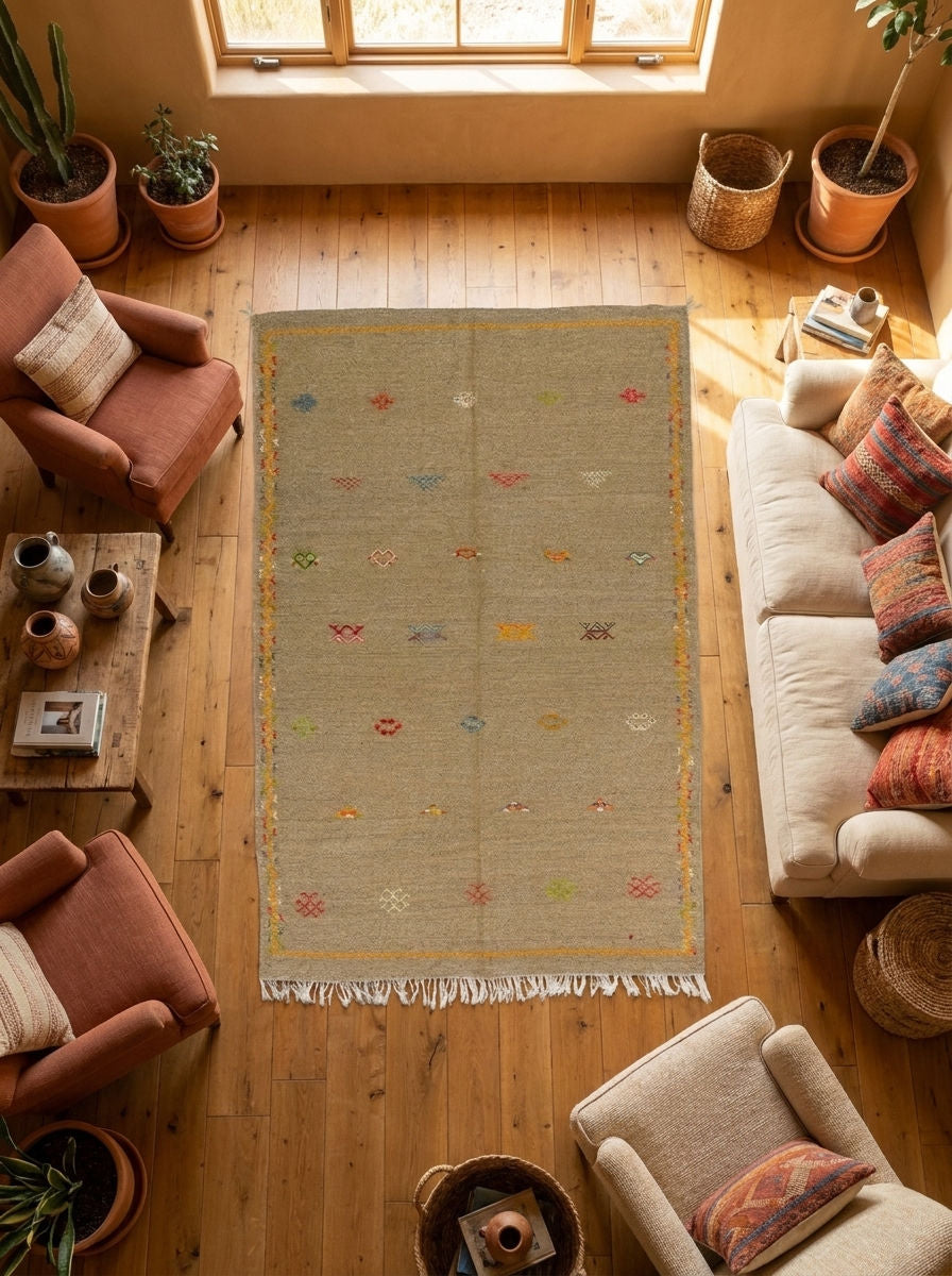 A rectangular handwoven moroccanarea rug in a warm beige tone with small scattered hand embroidered multicolor motifs and fringe along the bottom, shown from above in a styled living room with wood floors, armchairs, a sofa, and potted plants.