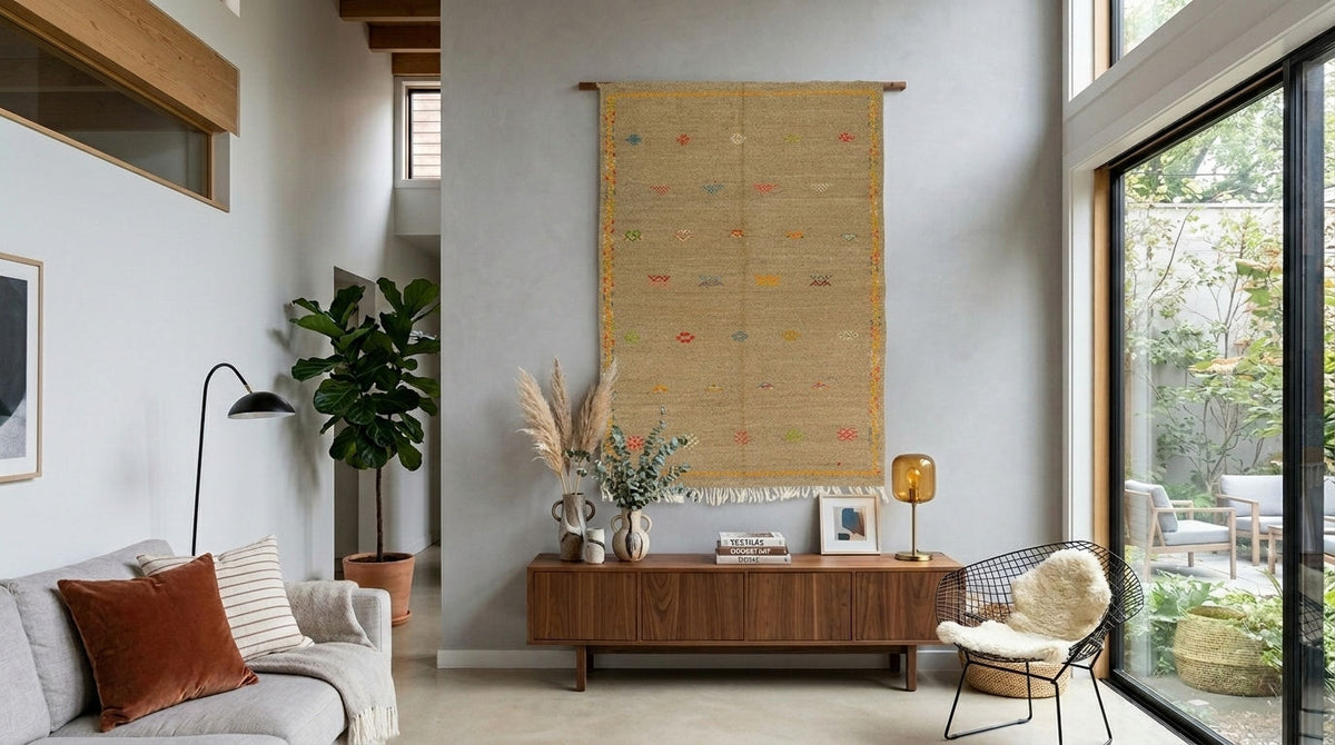 A large handwoven moroccan wall hanging  rug with a natural beige base and subtle multicolor hand embroidered motifs, displayed in a bright, modern living room above a wooden console table.