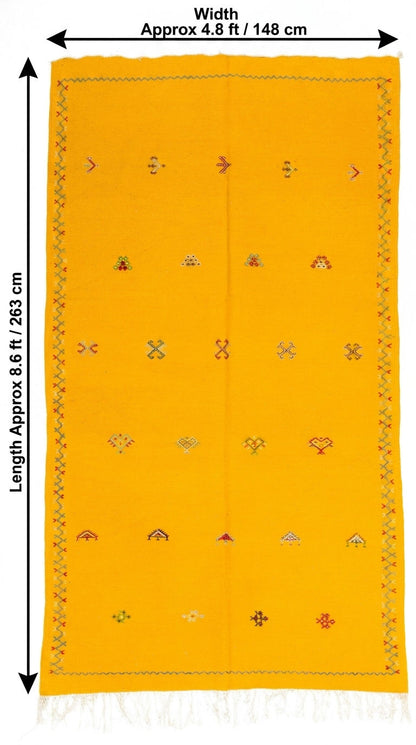 A bright yellow rectangular moroccan rug or textile shown flat against a white background, with black dimension arrows and text indicating approximately 4.8 ft by 8.