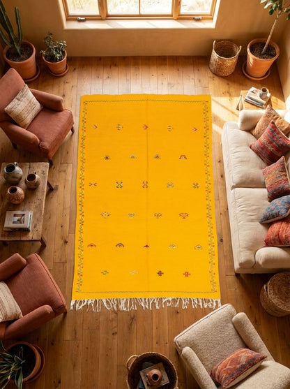 A bright yellow rectangular moroccan area rug with small embroidered motifs and white fringe, shown from above in a styled living room with wood floors, chairs, a sofa, and potted plants.