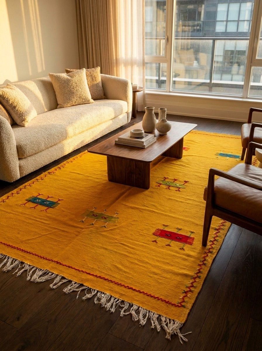 A bright yellow moroccan area rug with white fringe and small hand embroidered colorful geometric motifs, styled in a modern living room with a beige sofa, wooden coffee table, and large windows.