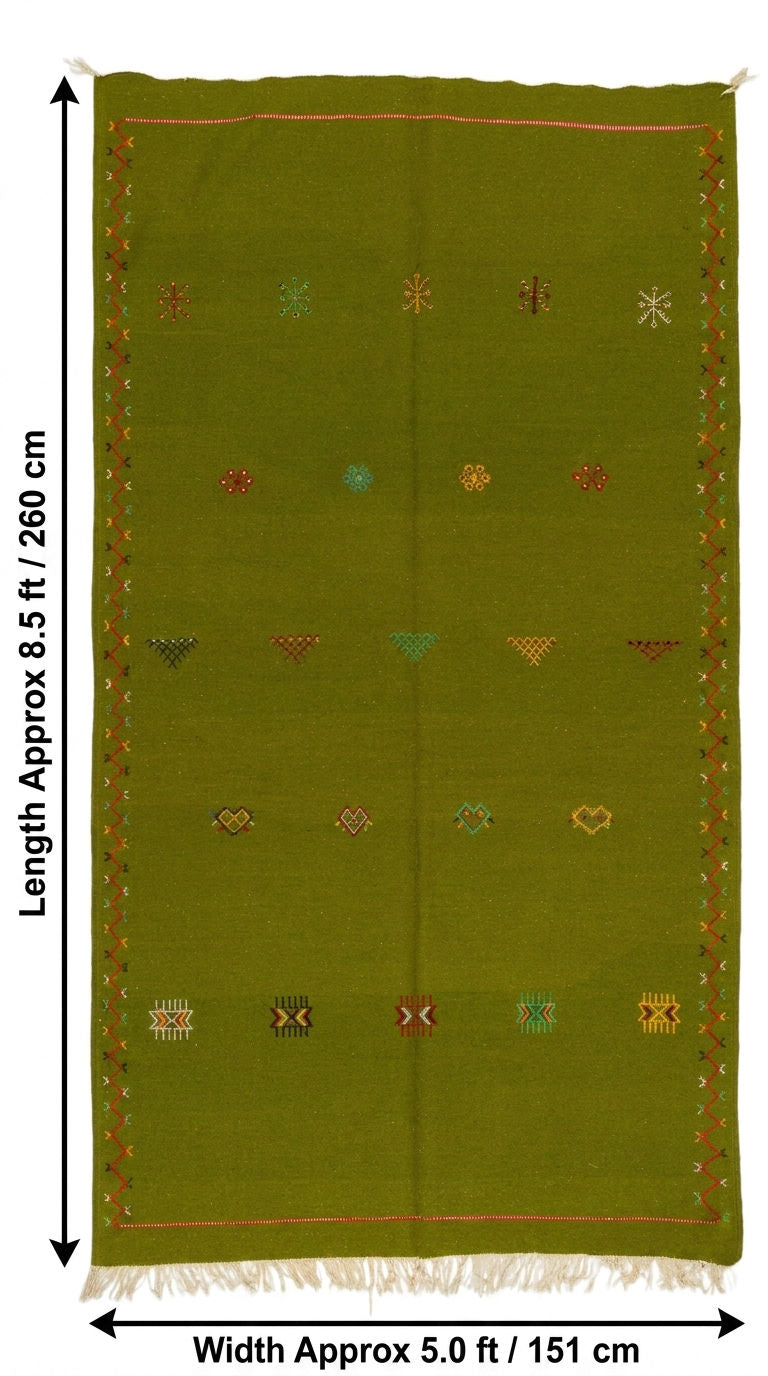 An olive green moroccan kilim rug with small multicolor geometric and floral motifs, shown with dimension lines indicating a length of approximately 8.5 ft (260 cm) and a width of approximately 5.