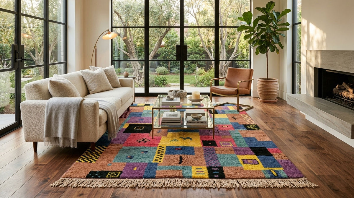 Moroccan Berber Wool Rug – Hand-Knotted Abstract, 203 x 152 cm / 6.7 x 5 ft