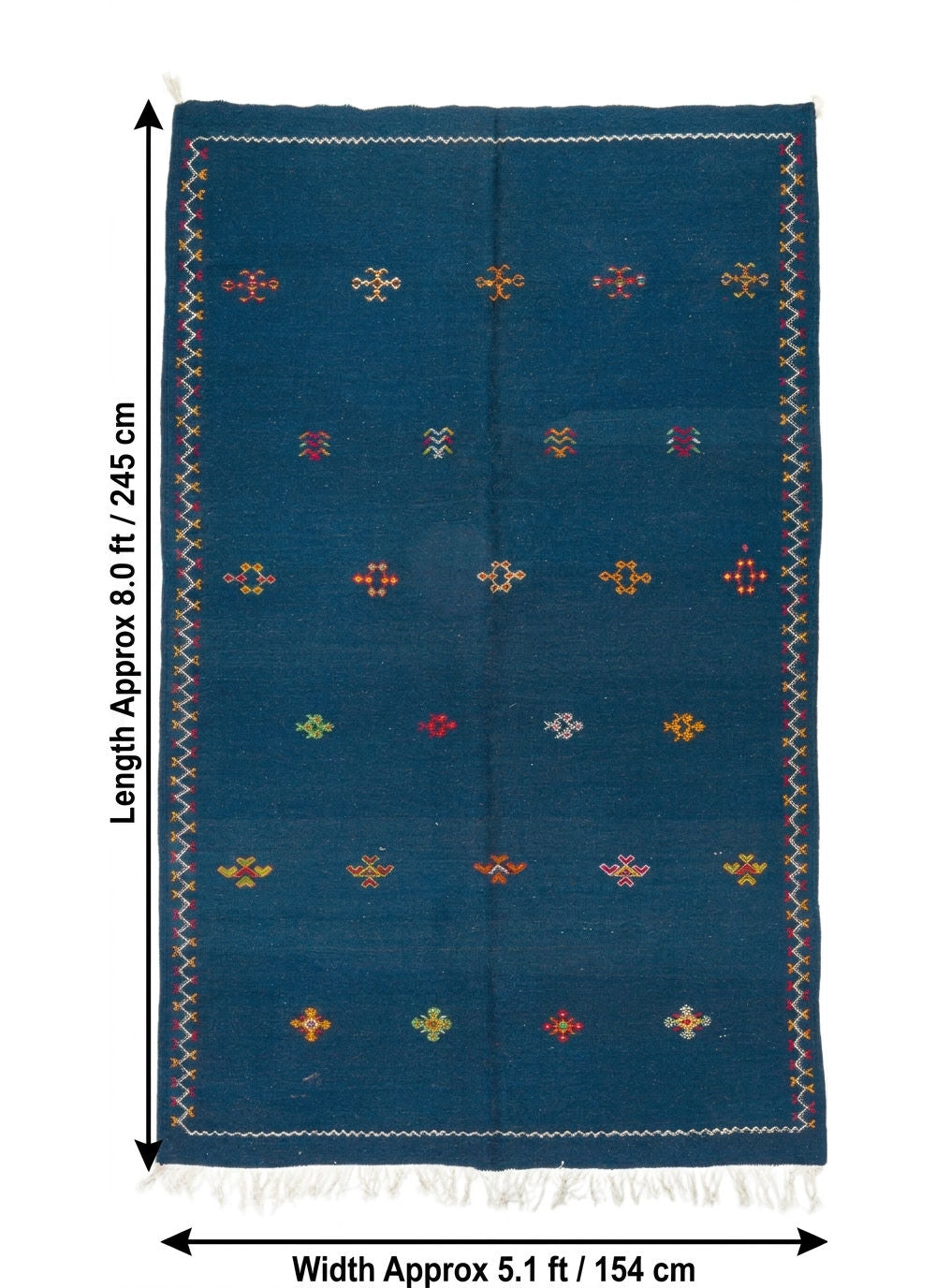 A dark teal blue moroccan rug with white fringe and colorful embroidered geometric patterns, shown with dimension lines indicating a length of 8.0 ft (245 cm) and a width of 5.