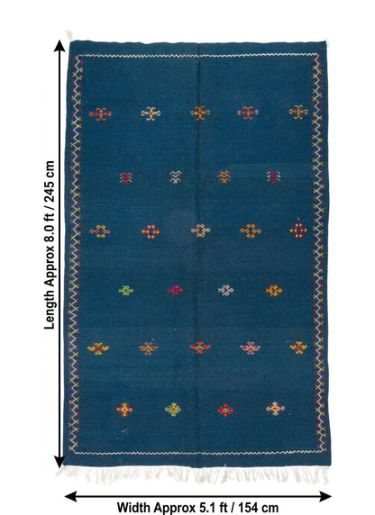 A dark teal blue moroccan rug with white fringe and colorful embroidered geometric patterns, shown with dimension lines indicating a length of 8.0 ft (245 cm) and a width of 5.
