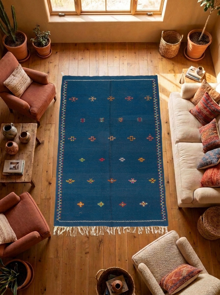 A rectangular blue moroccan area rug with a geometric pattern and fringe, styled in a warm, sunlit living room with wooden floors, armchairs, and a sofa.