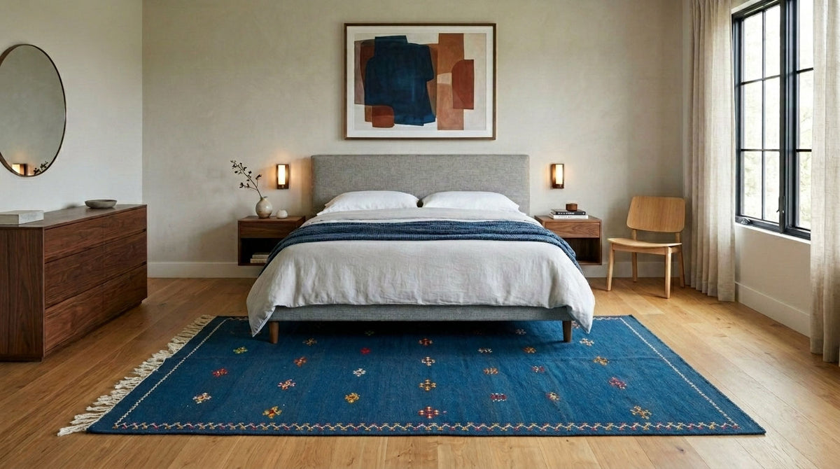 A moroccan blue rug styled in bedroom handwoven and hand embroidered with a traditional geometric border and small floral motifs, laid out under a bed with white linens.