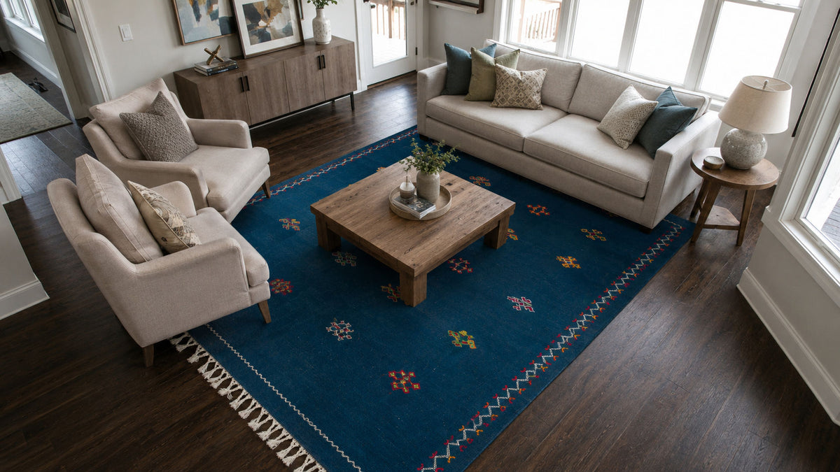 A large blue moroccan area rug with a geometric border and small multicolor floral motifs, styled in a bright modern living room with a wooden coffee table and cream-colored sofas.