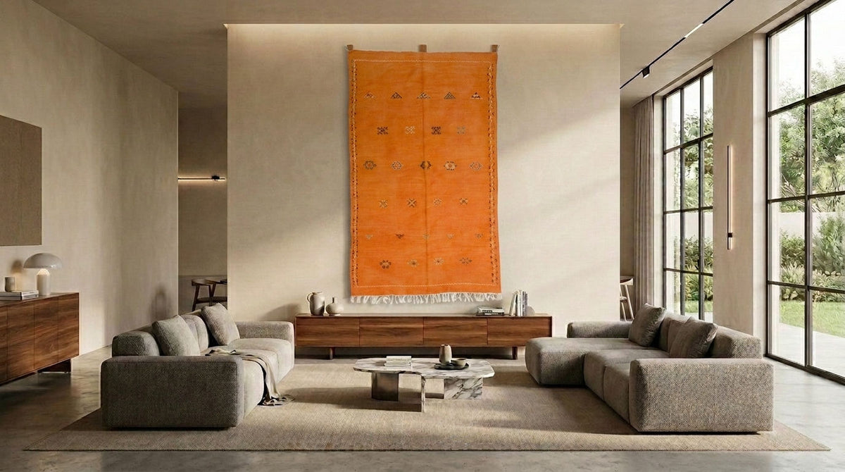 A modern living room featuring a large moroccan orange wall hanging rug artwork centered above a wooden console table, flanked by two gray upholstered sofas and a low round coffee table. Large windows on the right show greenery outside, and the room has warm neutral walls and a rug.