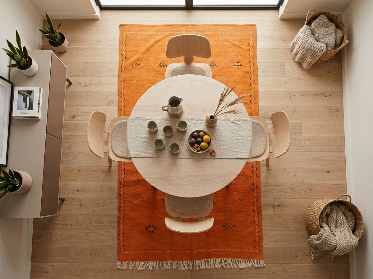 Overhead view of a bright orange moroccan rug set under dining table with cream chairs  in a bright room.