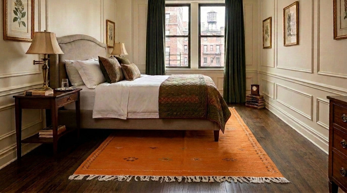 Moroccan orange rug set over dark wood flooring in a styled bedroom interior featuring a bed with white bedding and a patterned green throw. The room has cream paneled walls, dark green curtains, and a window looking out onto a city scene.