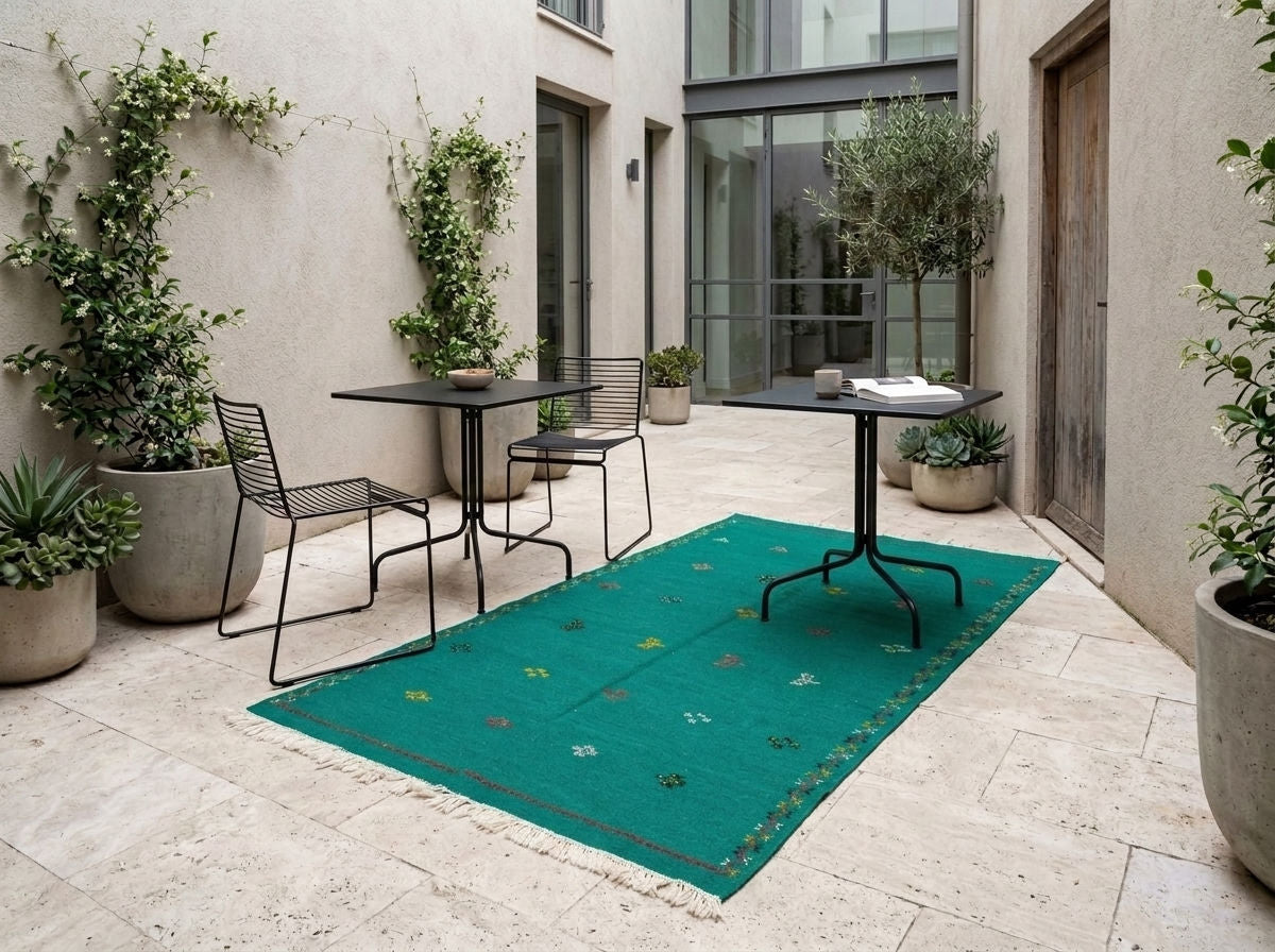 A rectangular green moroccan rug with a subtle floral pattern and fringe, styled on a light stone patio next to a black metal dining table and chairs.