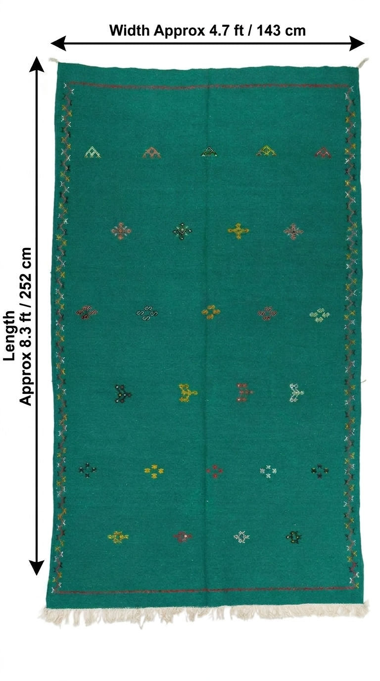 A green handwoven moroccan area rug with a geometric pattern and fringe, shown with dimension arrows indicating a width of approximately 4.7 ft (143 cm) and a length of approximately 8.