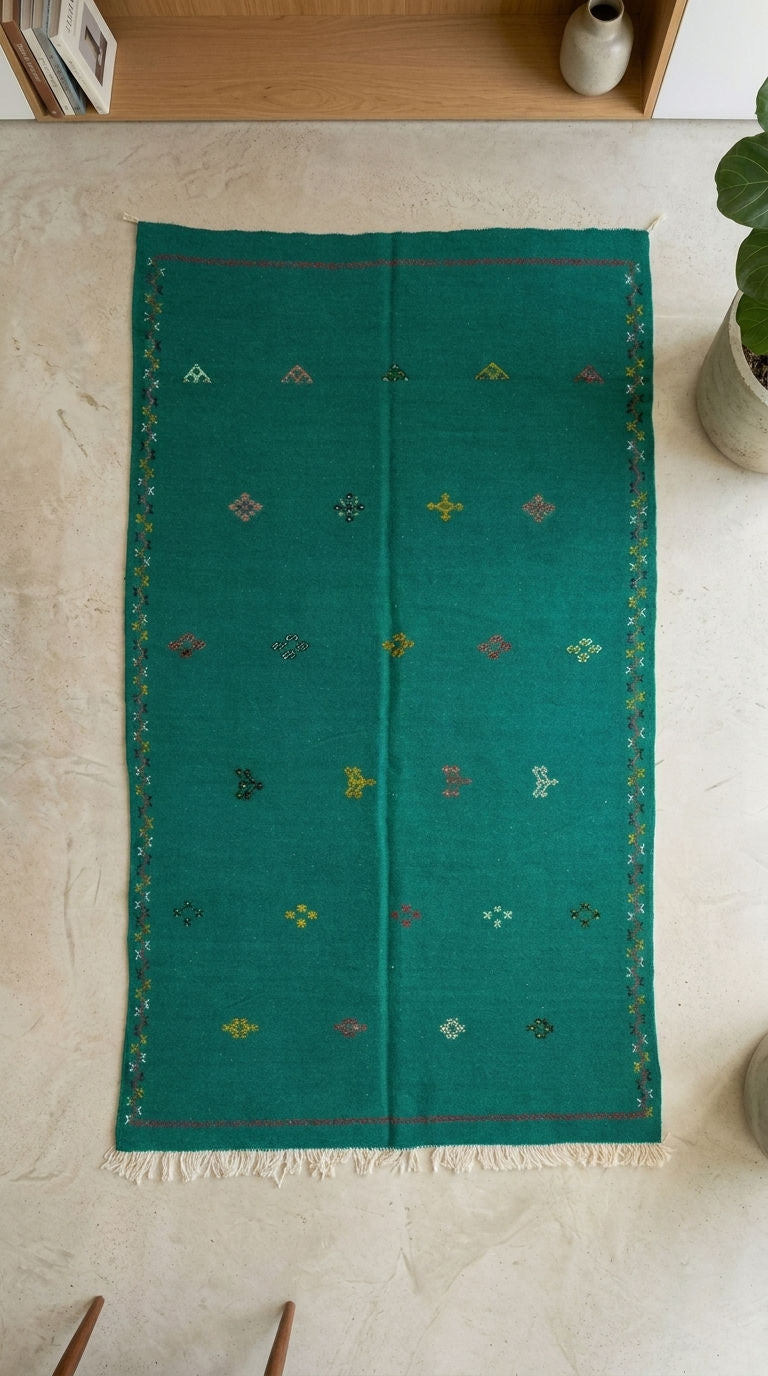 An emeral green rectangular moroccan rug with small multicolor embroidered geometric motifs and fringe, laid flat on a light beige stone floor.