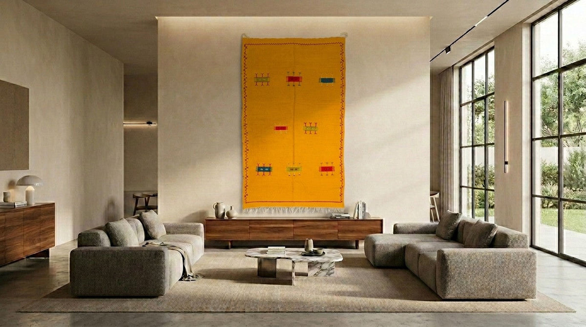 A modern living room featuring a large, vibrant yellow Moroccan tapestry rug hanging on the wall above a wooden console. The room is styled with two gray sectional sofas, a low wooden coffee table, and large floor-to-ceiling windows on the right.