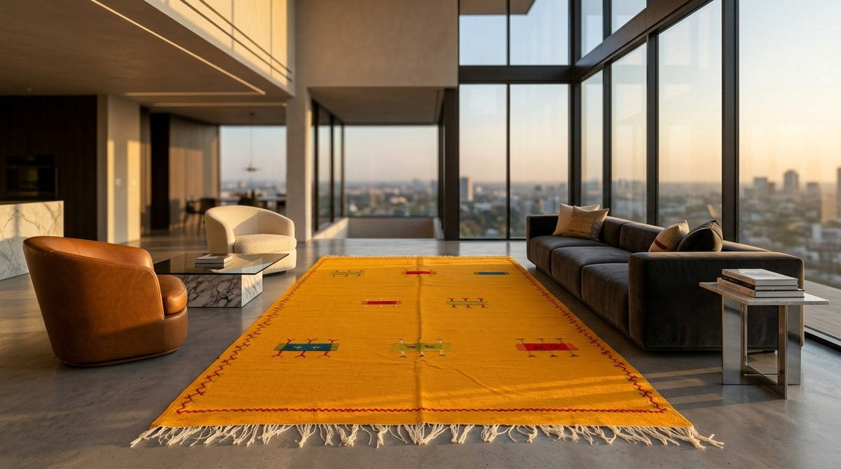 A large yellow Moroccan area rug with white fringe and small hand embroidered multicolor geometric motifs, displayed in a modern, sunlit loft apartment with large windows and city views.