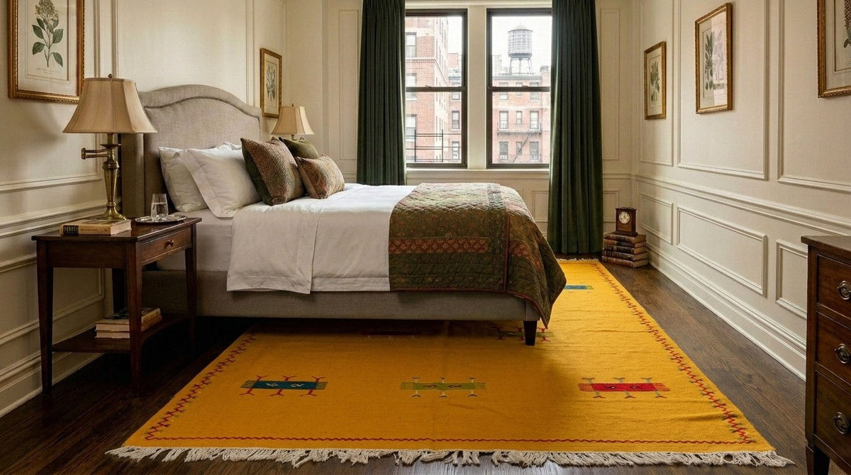 A bright mustard yellow moroccan area rug with fringe and small geometric motifs, placed under a bed with white linens and a patterned throw.