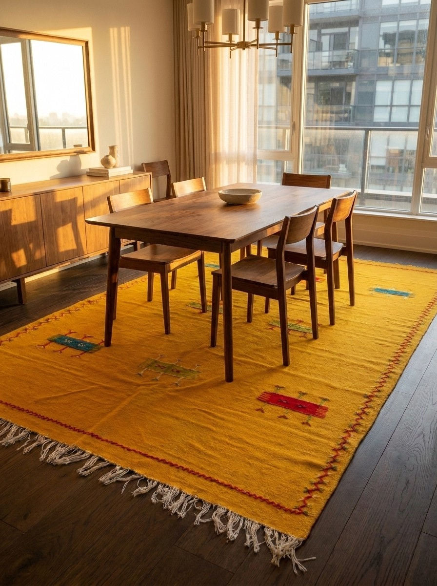 A large mustard yellow moroccan wool rug with white fringe and small colorful geometric patterns, styled in a dining room under a wooden dining table and chairs.