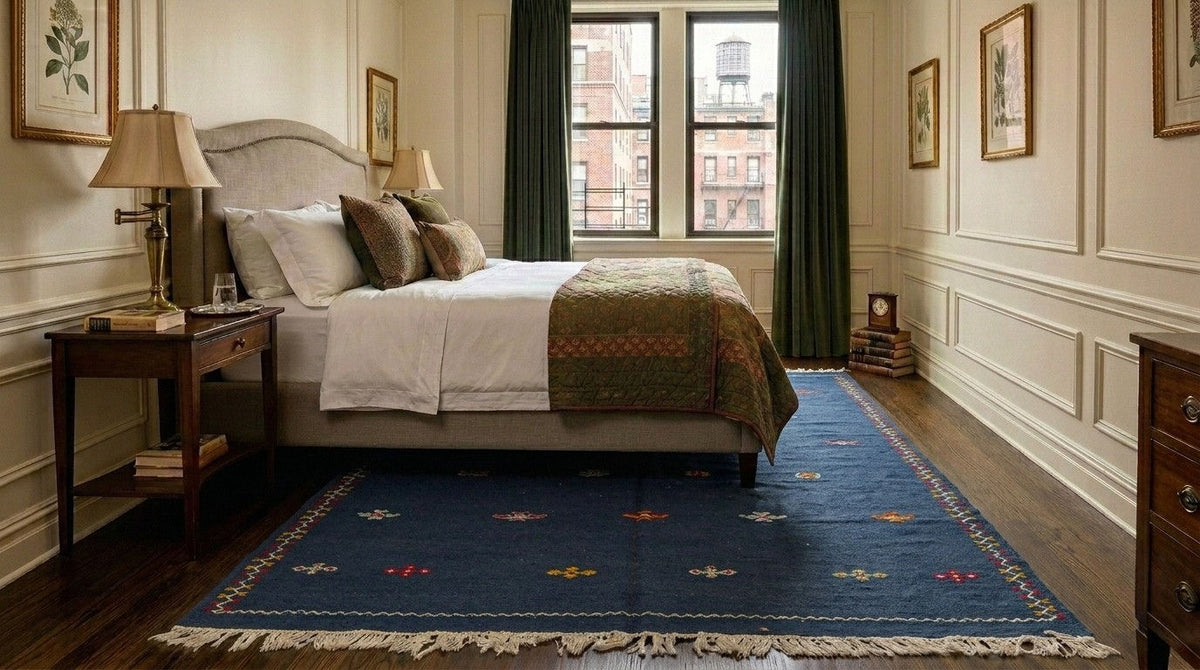 A styled moroccan blue area rug with fringe under a bed with white linens and a green patterned throw, dark wood nightstands, and a window with dark green curtains.