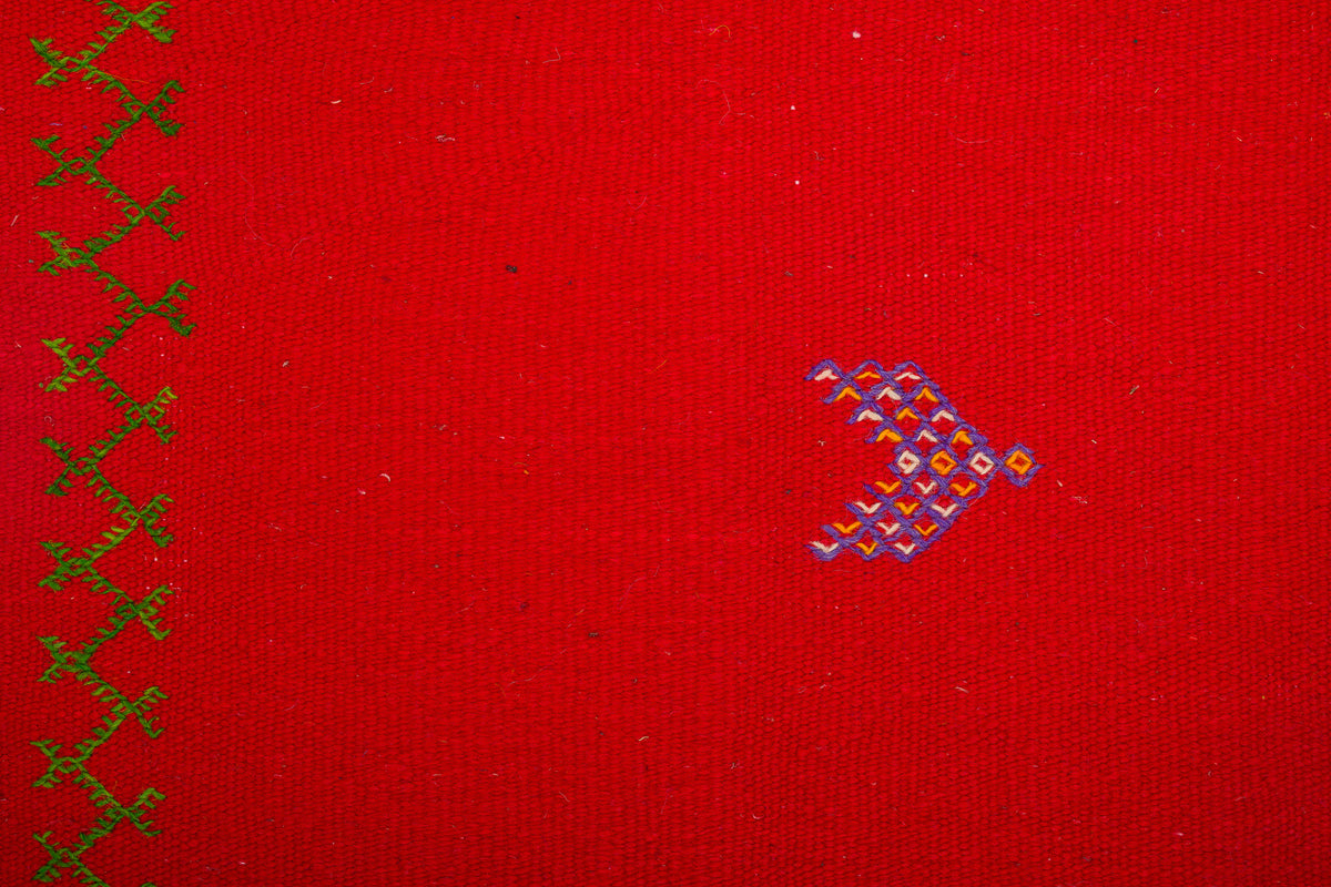 A close-up of a red moroccan rug with a vertical row of green embroidered crosses on the left and a small multicolor embroidered motif on the right.