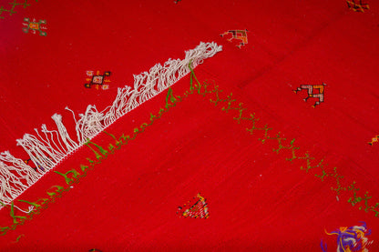 A close-up of a red moroccan rug featuring a prominent white fringed border, green embroidered geometric lines, and small multicolored motifs.