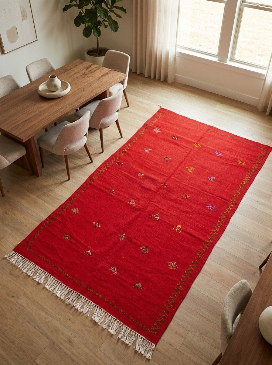 A vibrant red rectangular moroccan area rug with white fringe and embroidered motifs, displayed on a light wood floor in a dining room setting.