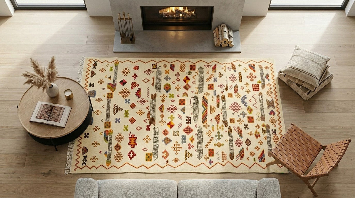 A large rectangular area rug with a cream base and intricate multicolor geometric and tribal-style patterns, styled in a bright, modern living room with a fireplace, wooden floor, and cozy furniture.
