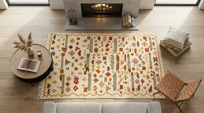A large rectangular area rug with a cream base and intricate multicolor geometric and tribal-style patterns, styled in a bright, modern living room with a fireplace, wooden floor, and cozy furniture.