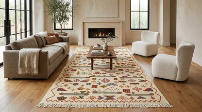 A large flat weave moroccan rug with a cream base and colorful geometric and tribal-style patterns, styled in a bright, modern living room with a beige sofa, two white armchairs, and a fireplace.