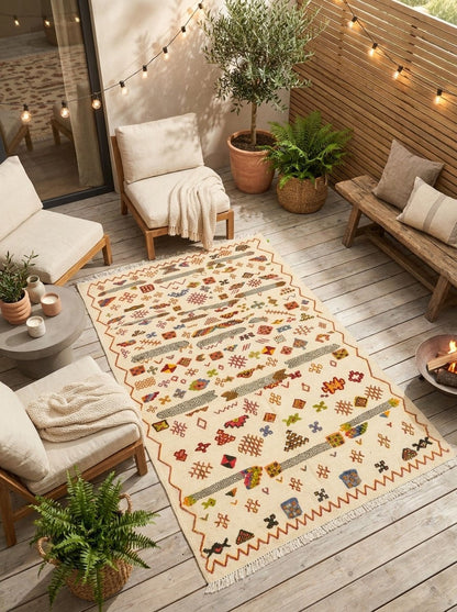 A rectangular cream-colored outdoor rug with a colorful geometric and tribal-inspired pattern, styled on a light wood deck patio surrounded by cozy seating and plants.